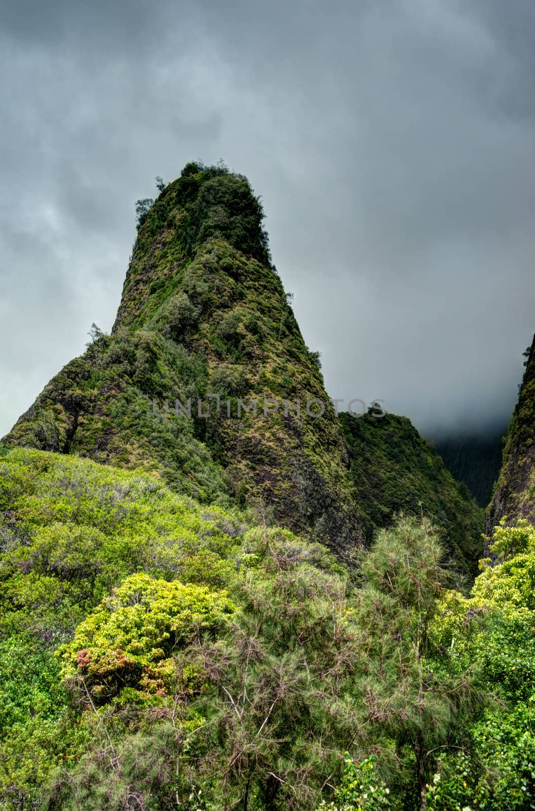 Beautiful Hawaiian landmark. Iao Needle at Iao Valley National Park Maui.