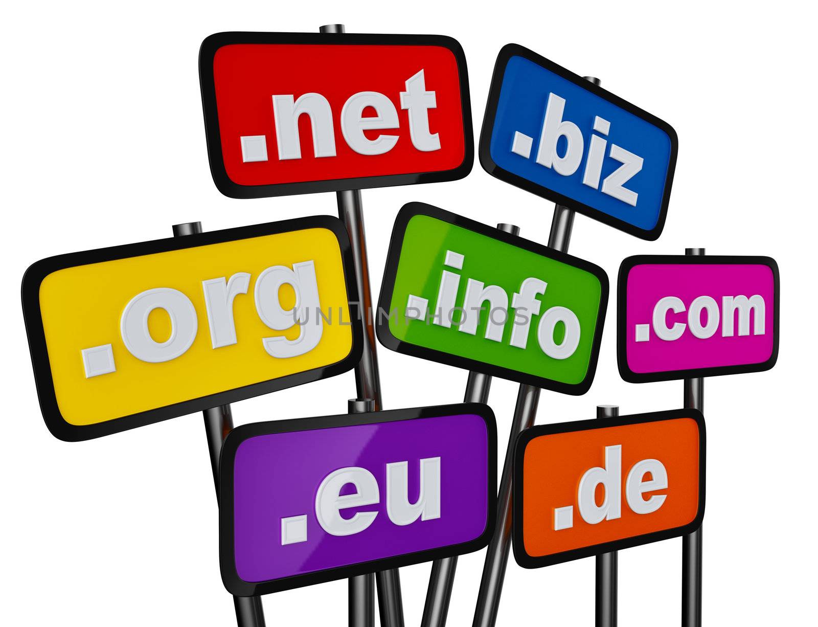 Set of signs with domains as buttons for searching in the Internet and social networks on a white background