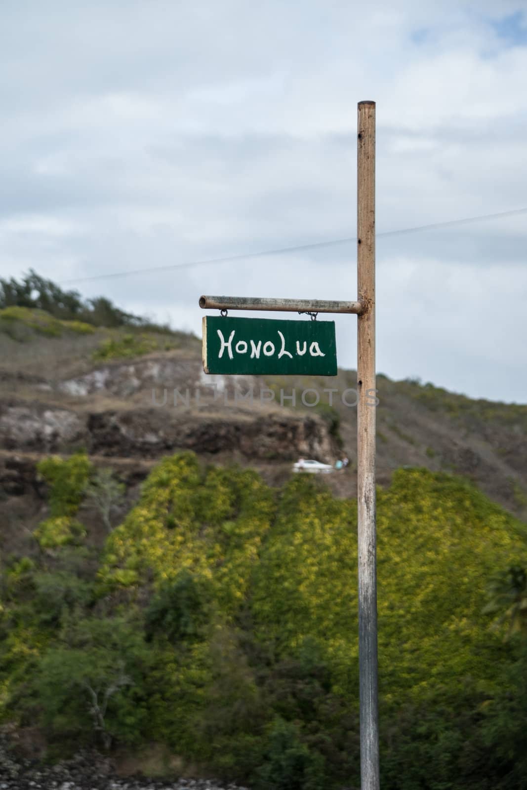 Green and white handpainted sign for Honolua Bay on the Hawaiian Island of Maui