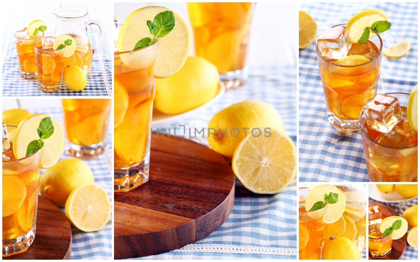 Fresh and cold ice tea with sliced lemon and mint collage