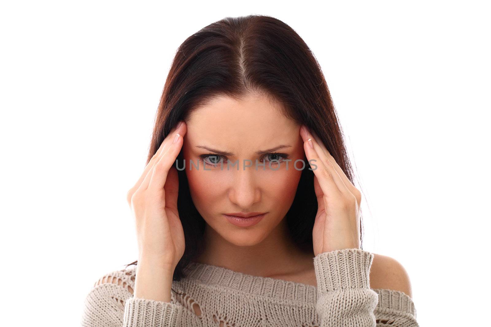 Pretty girl have headache isolated on a white background