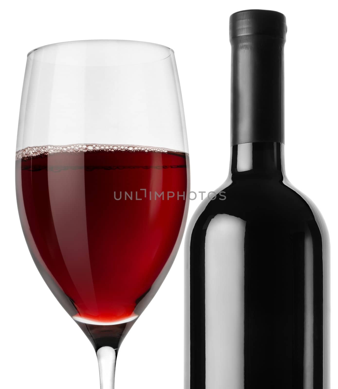 Bottle of red wine and wineglass isolated on a white background