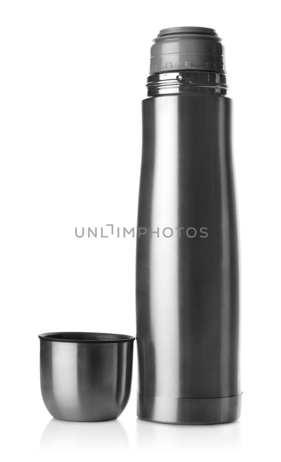 Stainless steel thermos isolated on white background