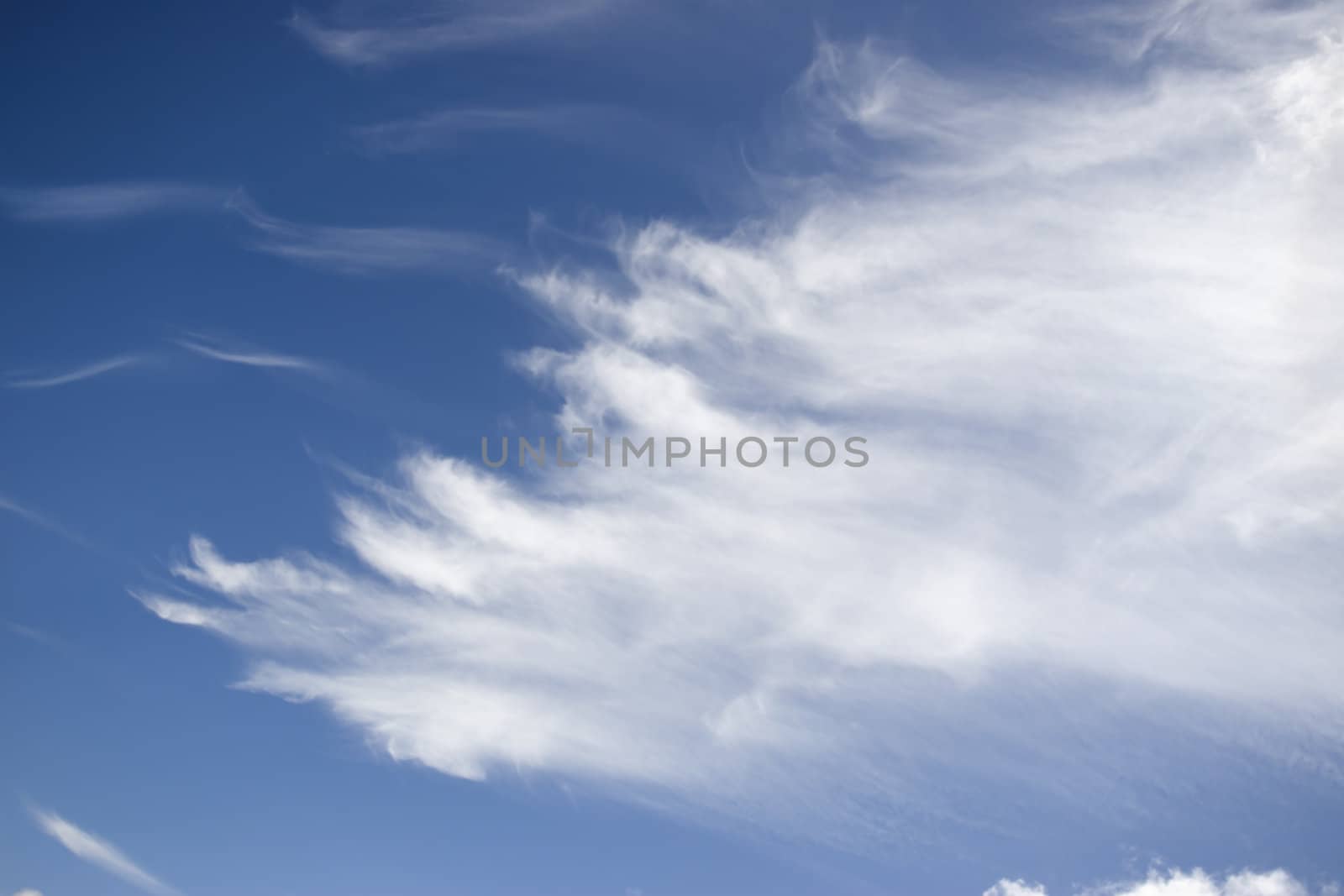 white fluffy clouds and trails against lovely blue sky