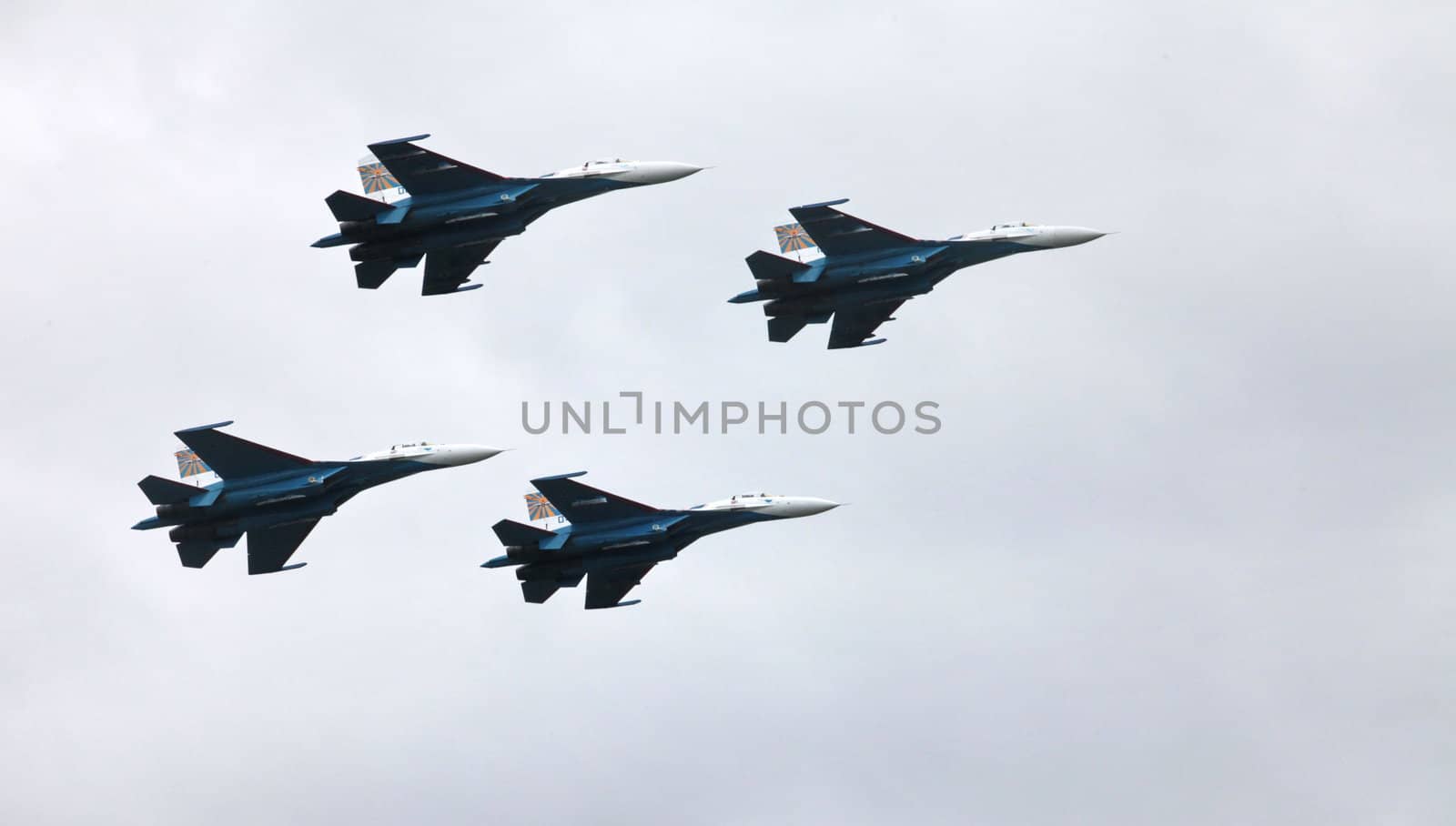 Aerobatic team "Russian Knights" on the Su-27 performs aerobatics demonstration