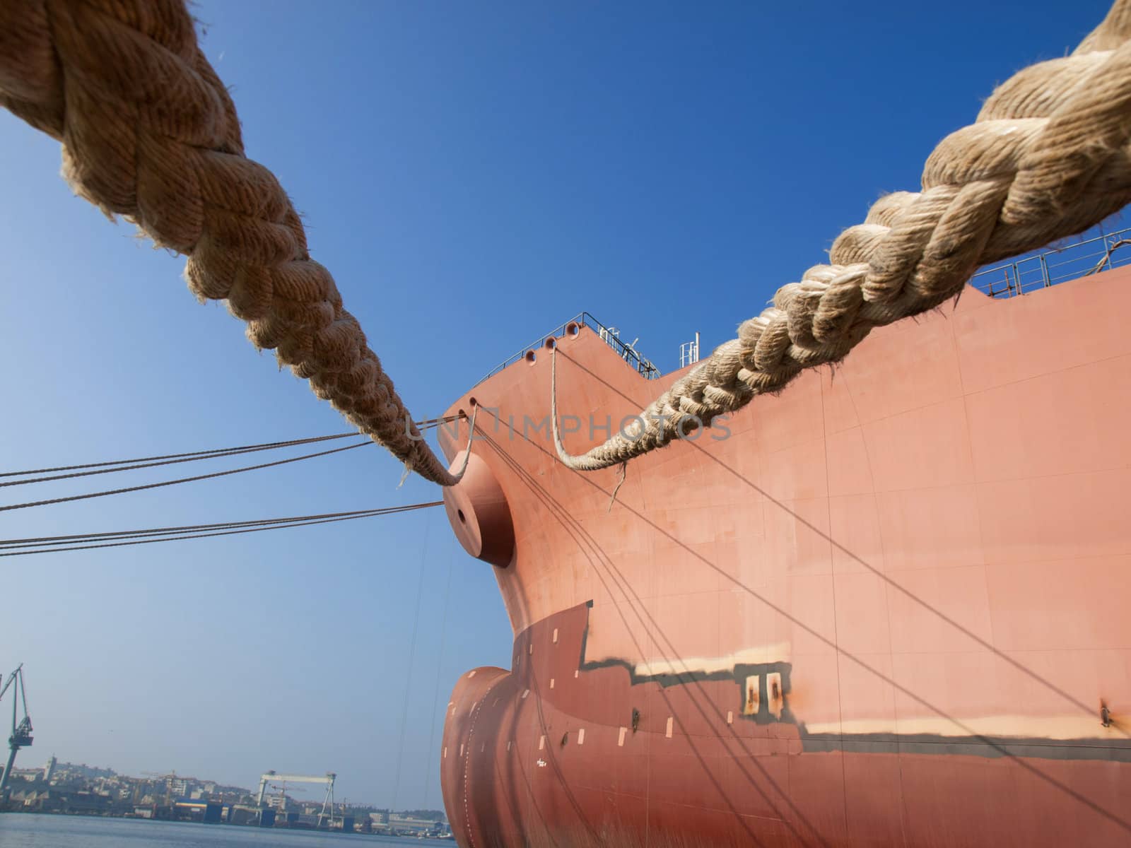 ropes on the bow on a new ship in the shipyard