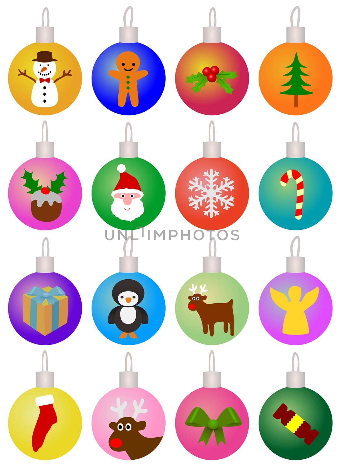 Illustration of 16 decorated Christmas baubles