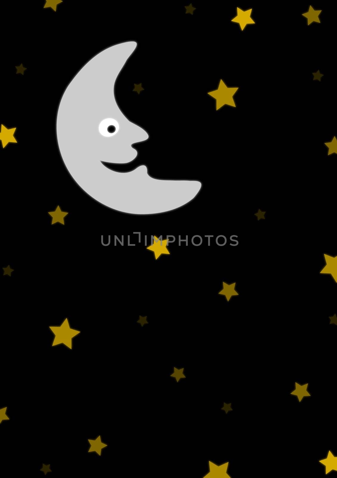 Illustration of a cartoon moon and stars