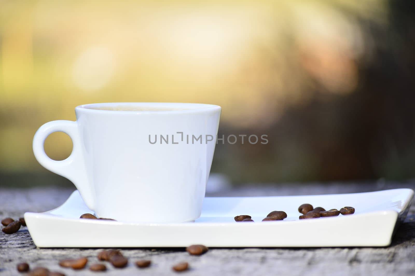 cup of coffee on a plate on a wooden table in daylight