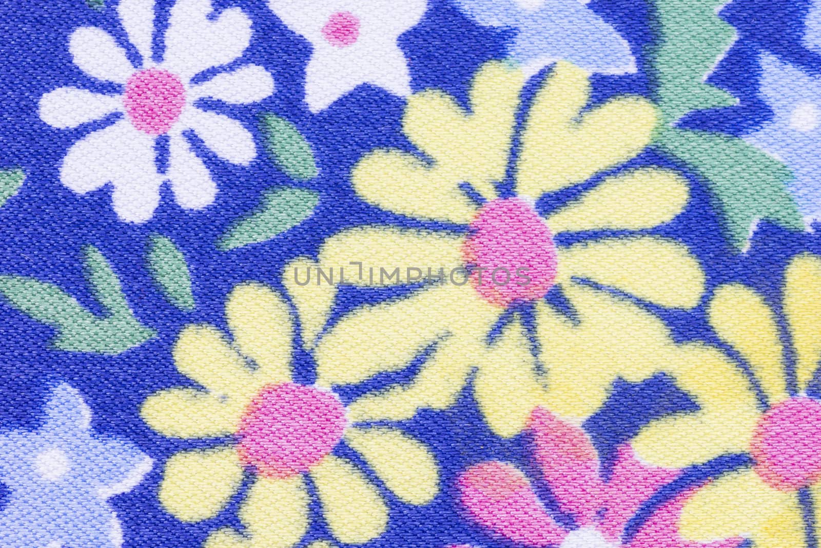 Close up shot of blue floral fabric texture