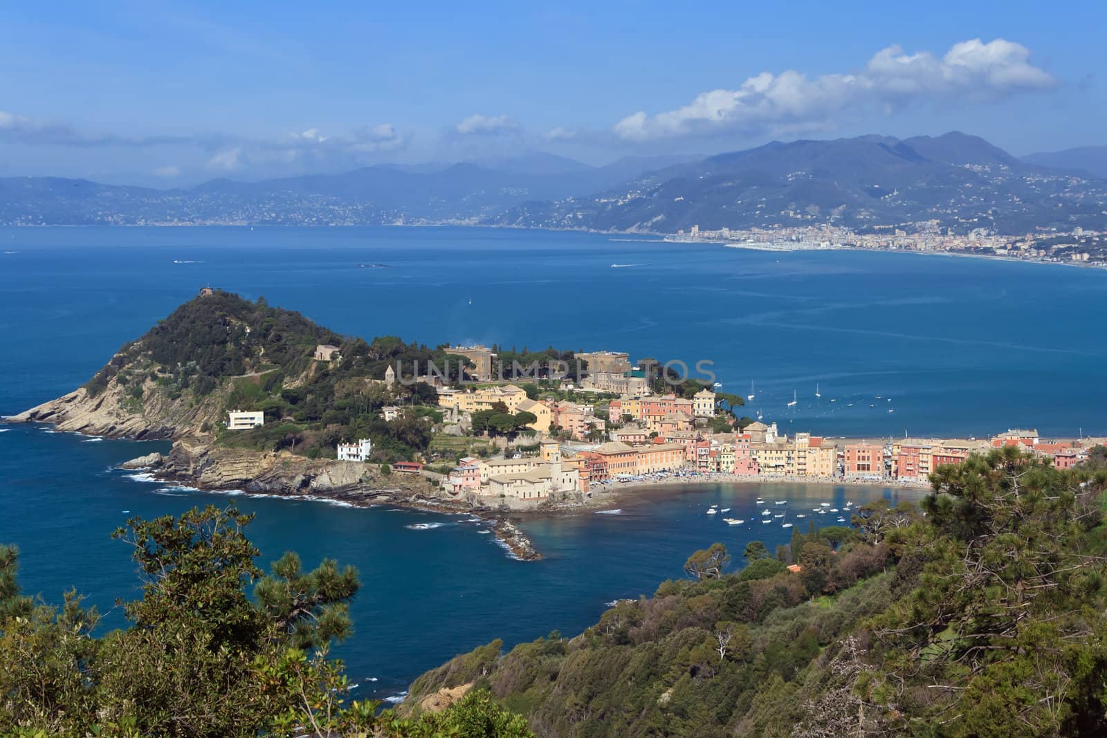 overview of Sestri Levante, small town in Mediterranean sea, Italy