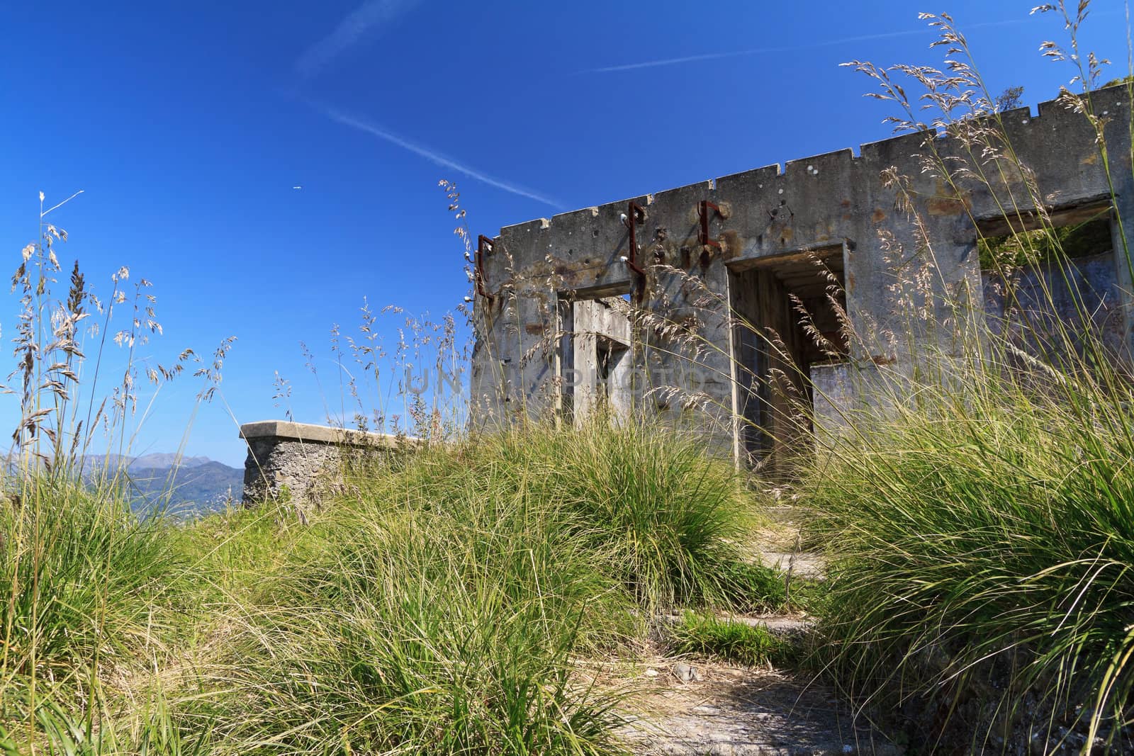 second world war ruins over Mediterranean sea, Liguria, Italy