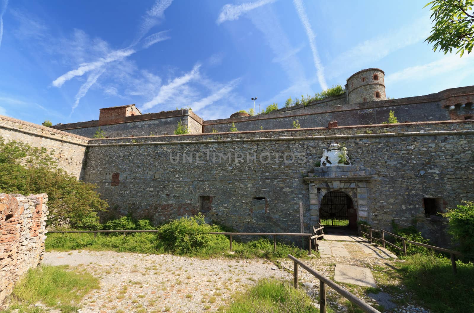 exterioir of Sperone Castle is a medieval fortress built over Genova, Liguria, Italy