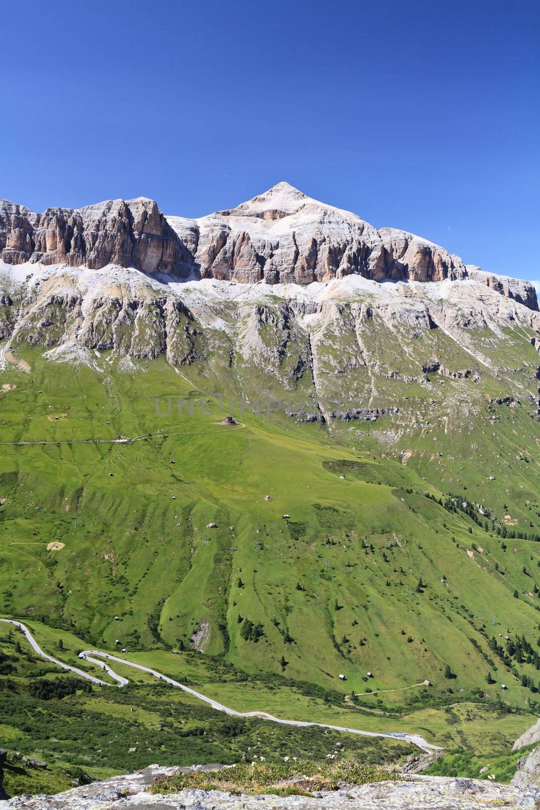 summer view of Sella group with Piz Boe' peak, Italian Dolomites