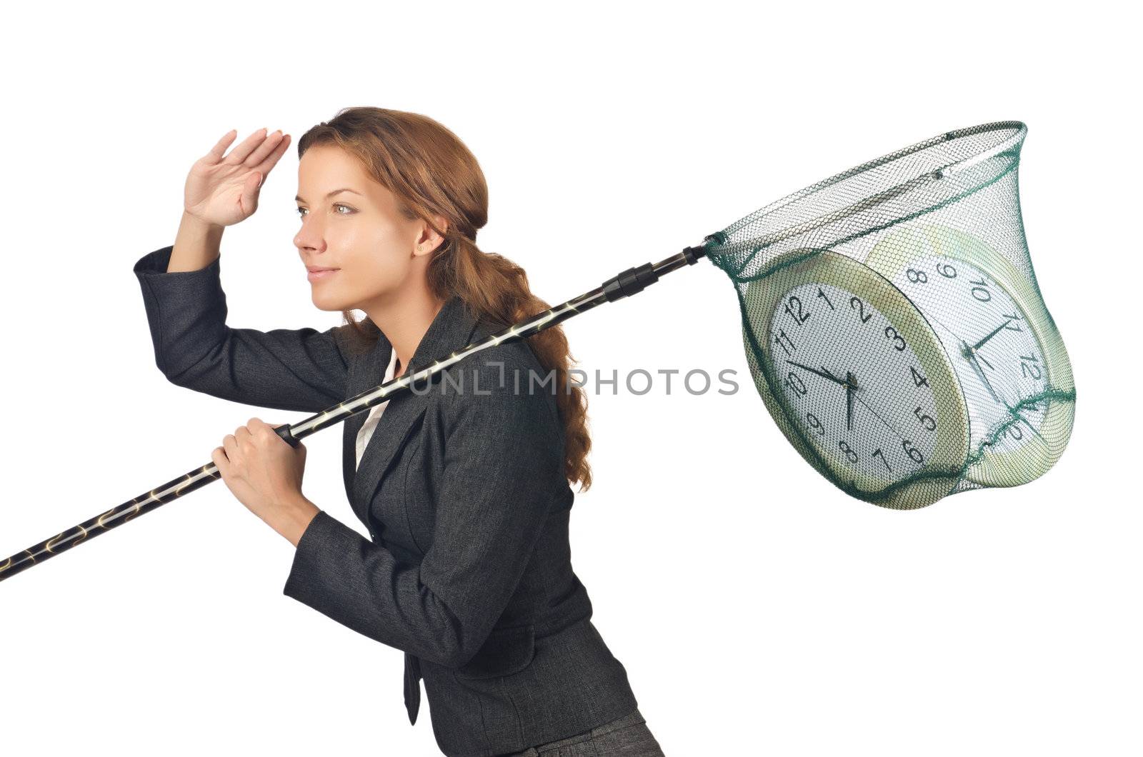 Businesswoman with net and clocks by Elnur
