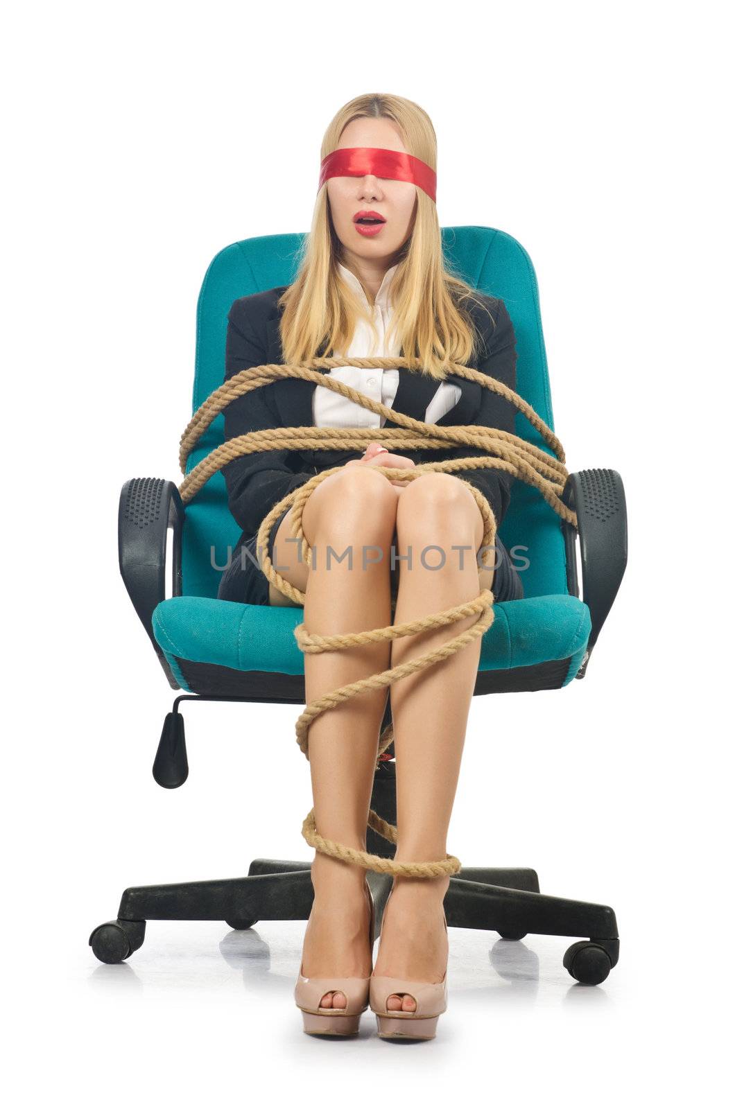 Businesswoman woman tied up with rope on white by Elnur