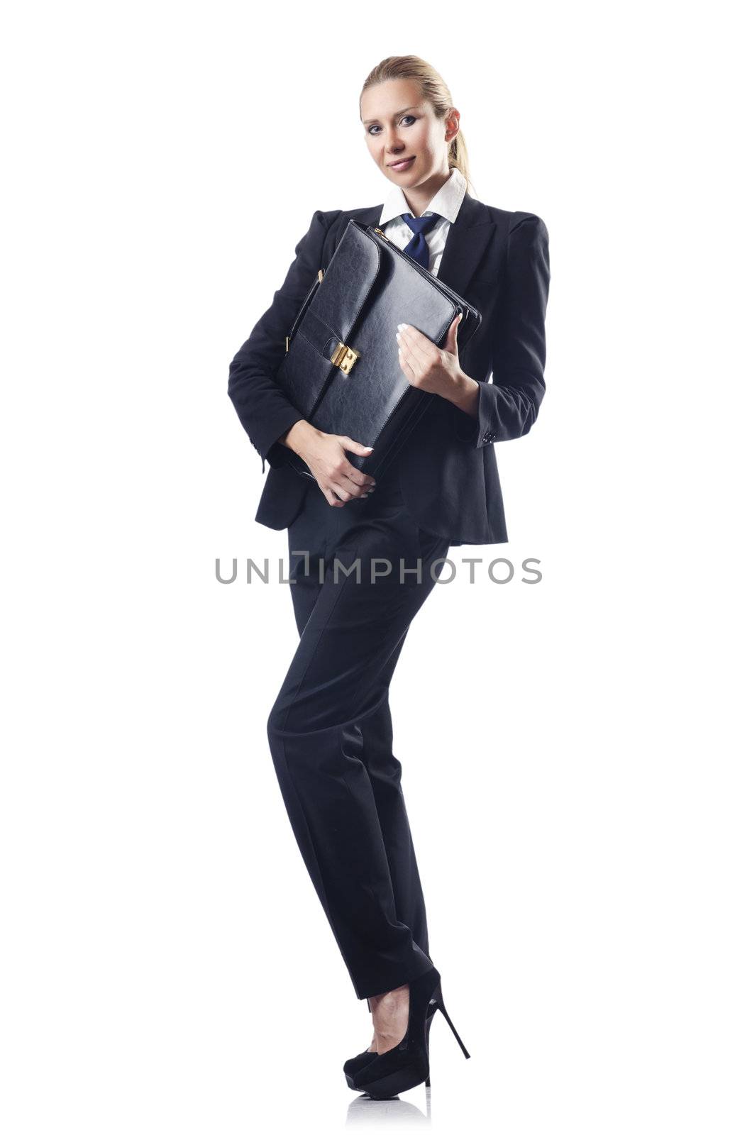 Businesswoman with briefcase on white by Elnur