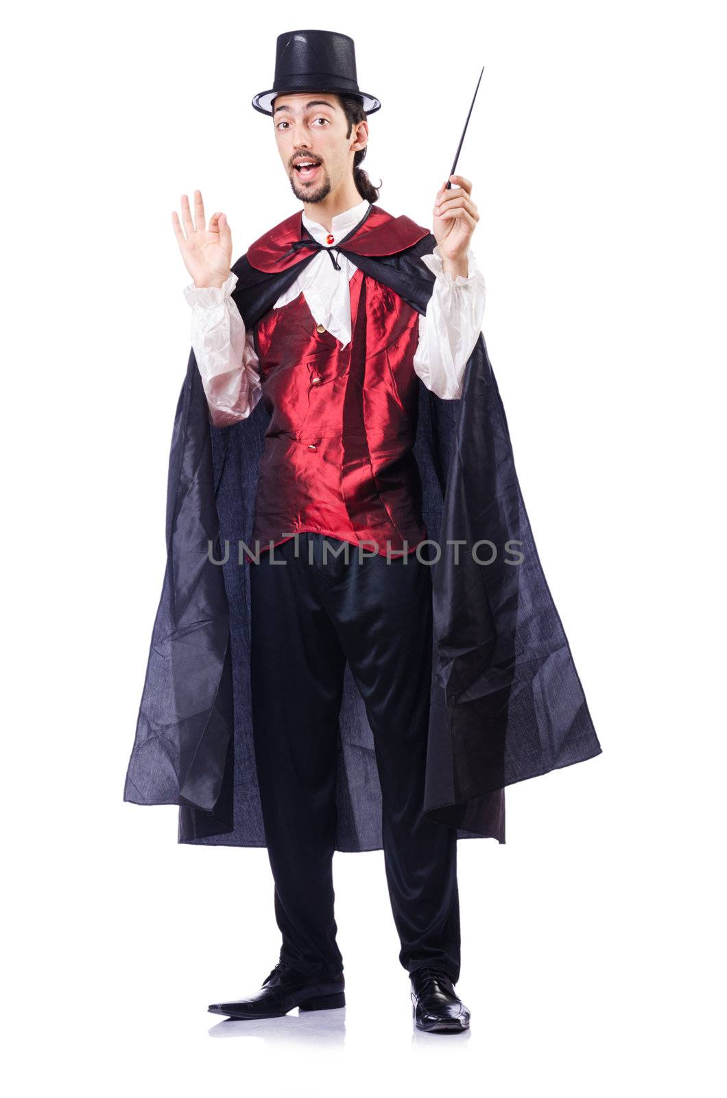 Magician with his magic wand on white