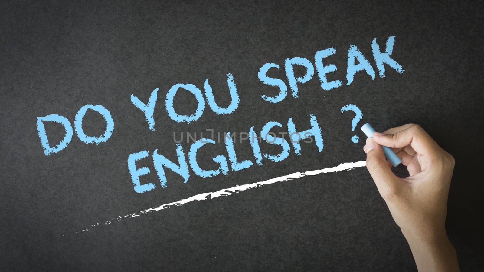 A person pointing at a Do you speak english chalk illustration.