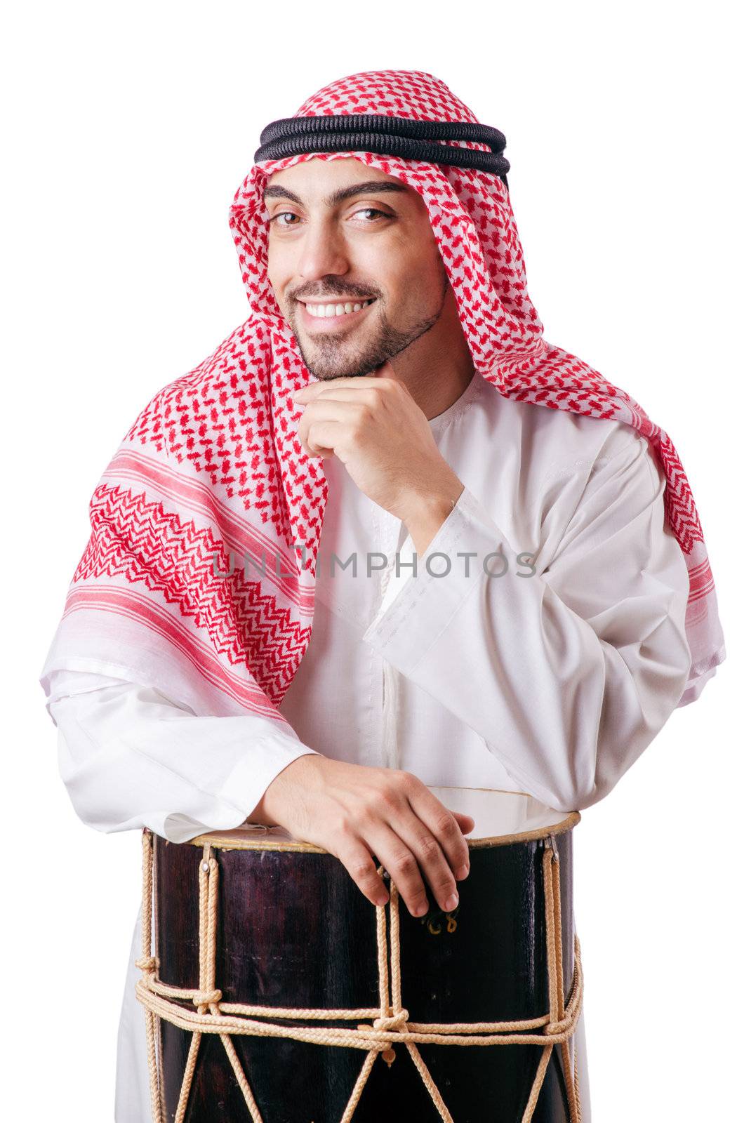 Arab man playing drum isolated on white by Elnur