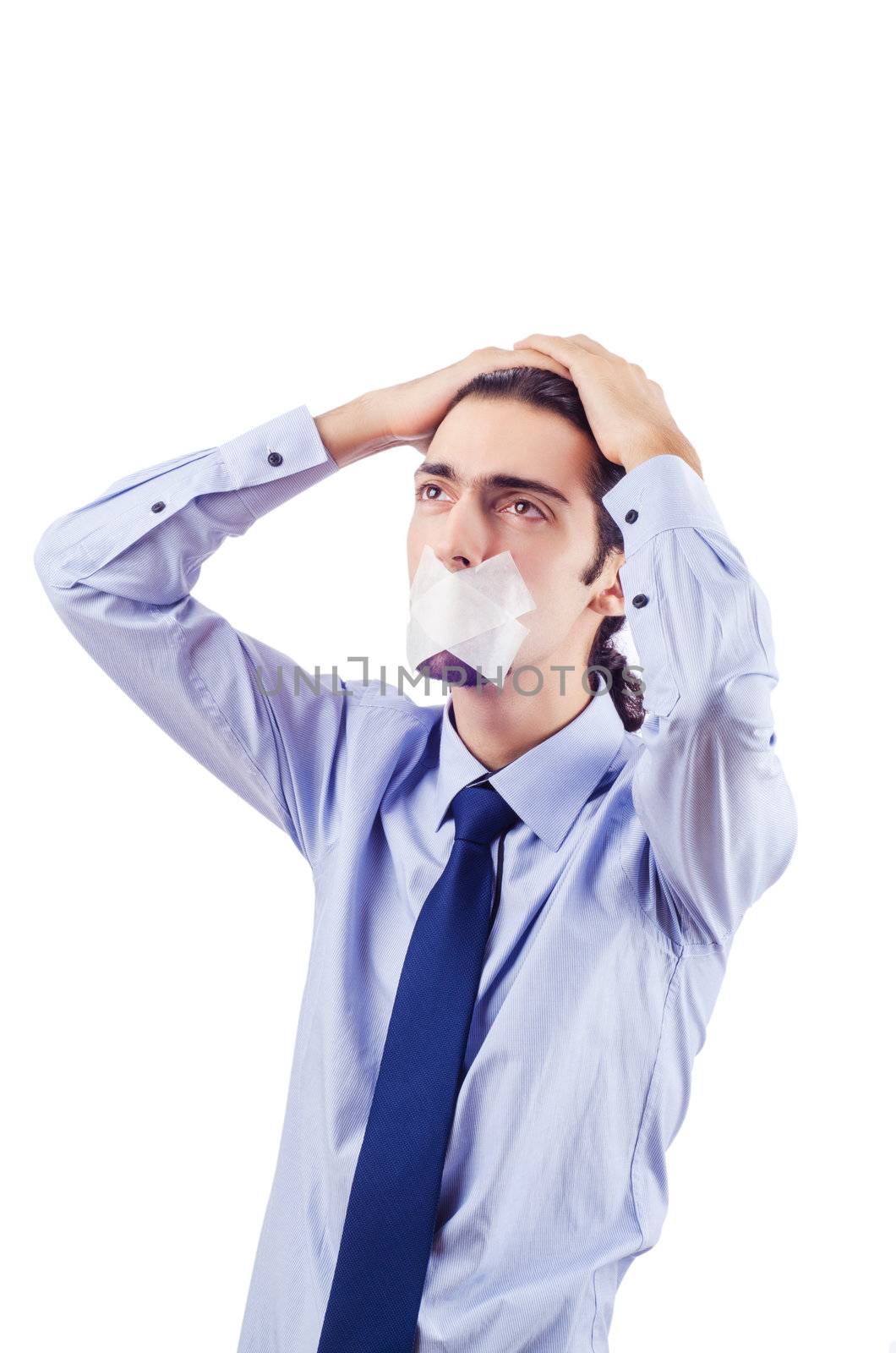 Man with closed lips in censorship concept