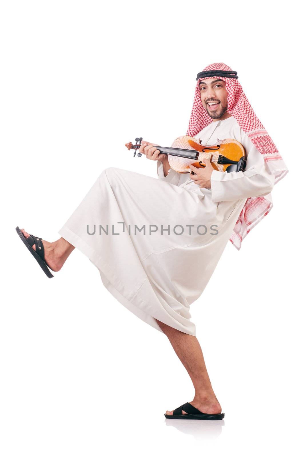 Arab man playing violin isolated on white