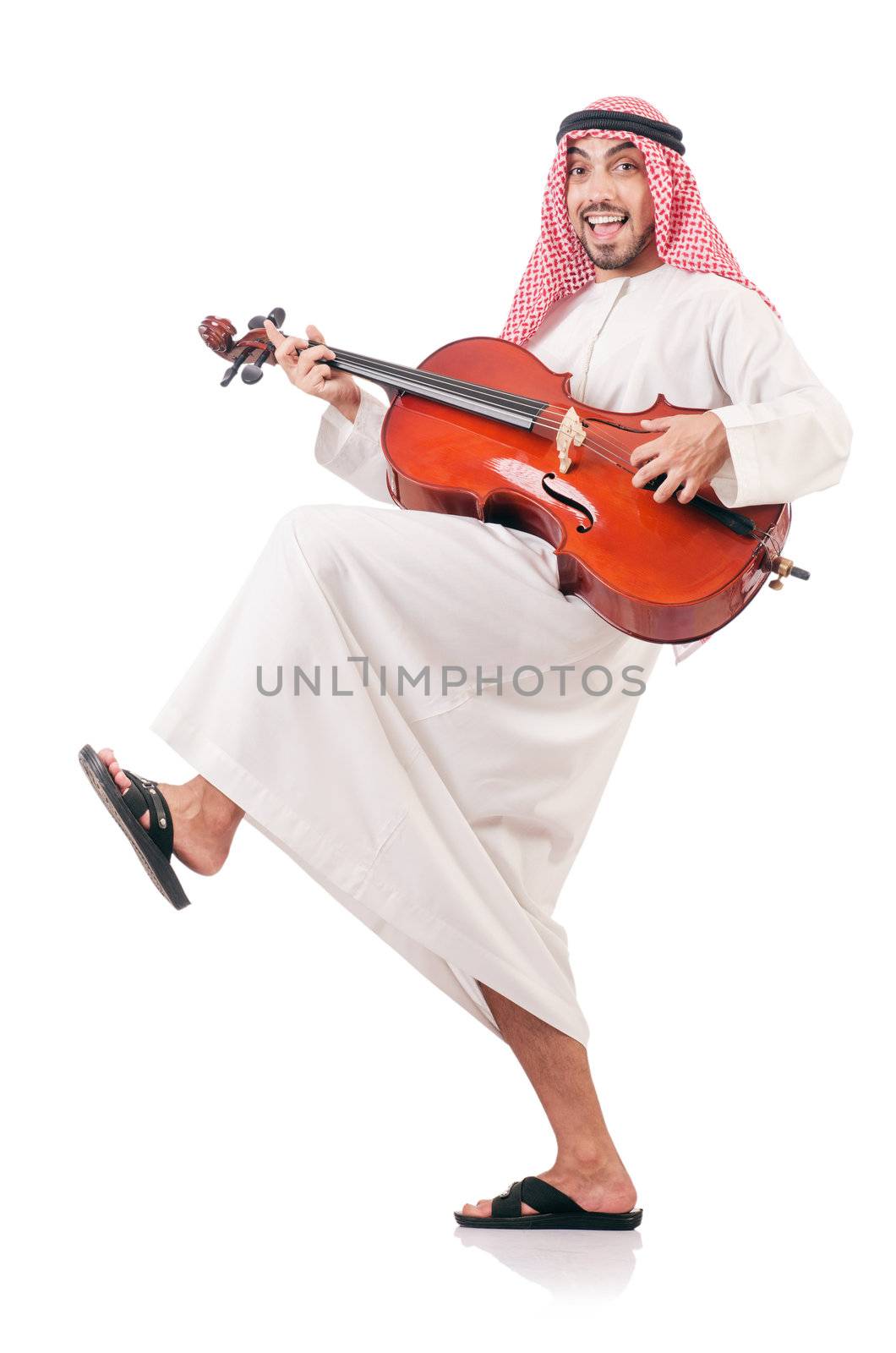 Arab man playing violin isolated on white by Elnur