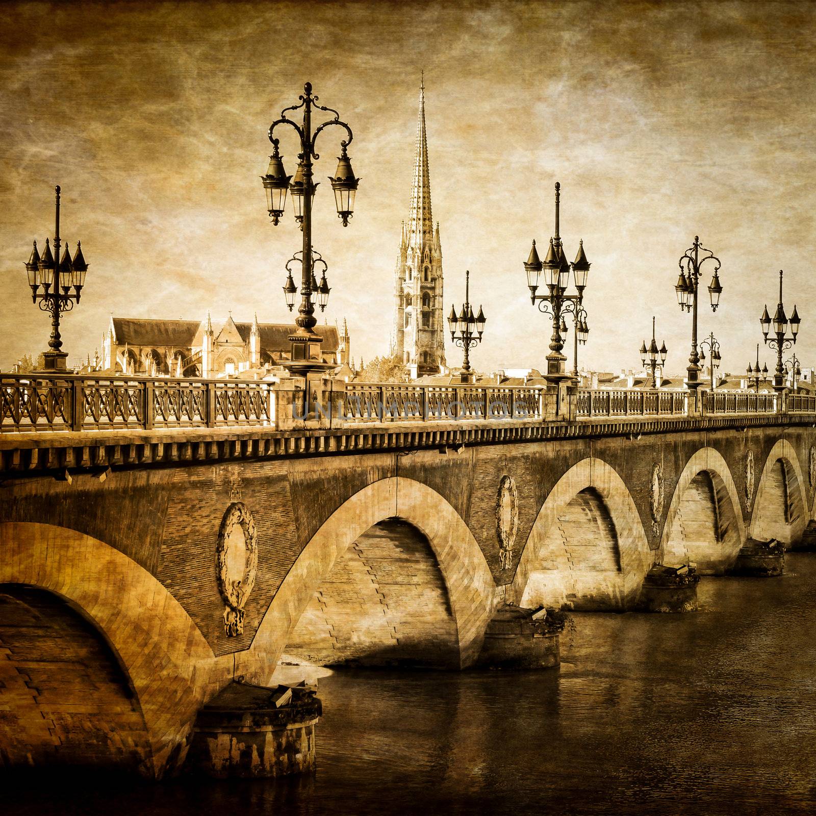 Bordeaux river bridge with St Michel cathedral vintage