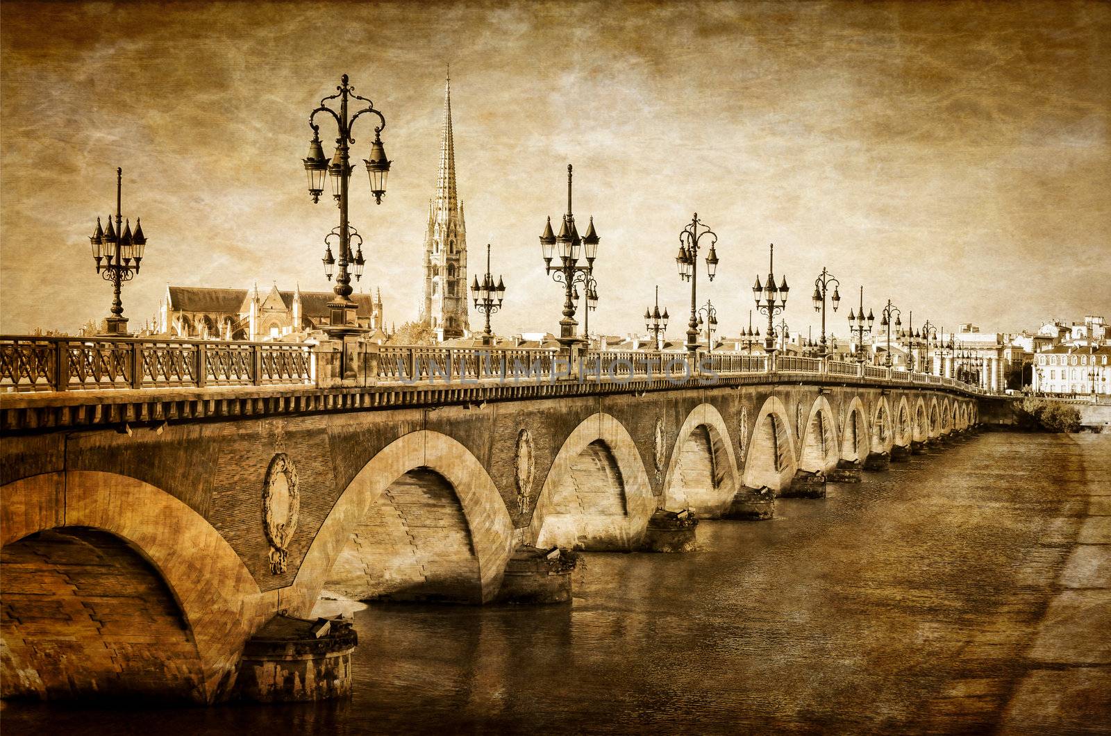 Bordeaux river bridge with St Michel cathedral vintage
