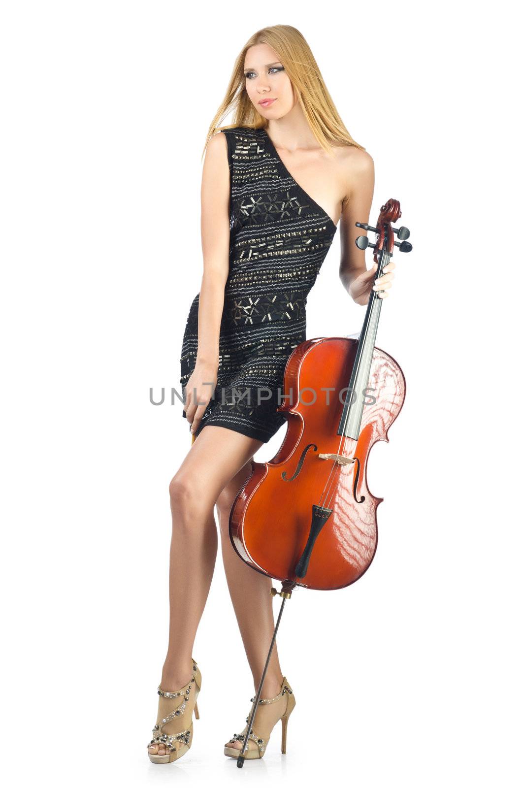 Woman performer with cello on white by Elnur