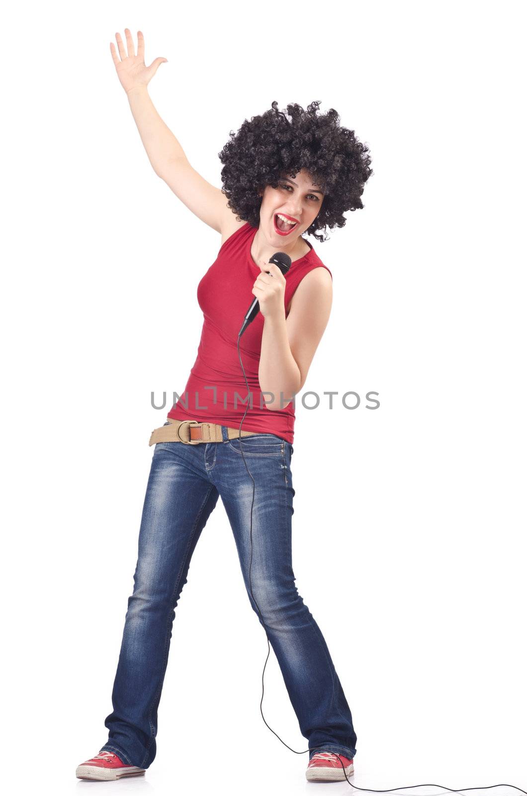 Woman with afro haircut on white