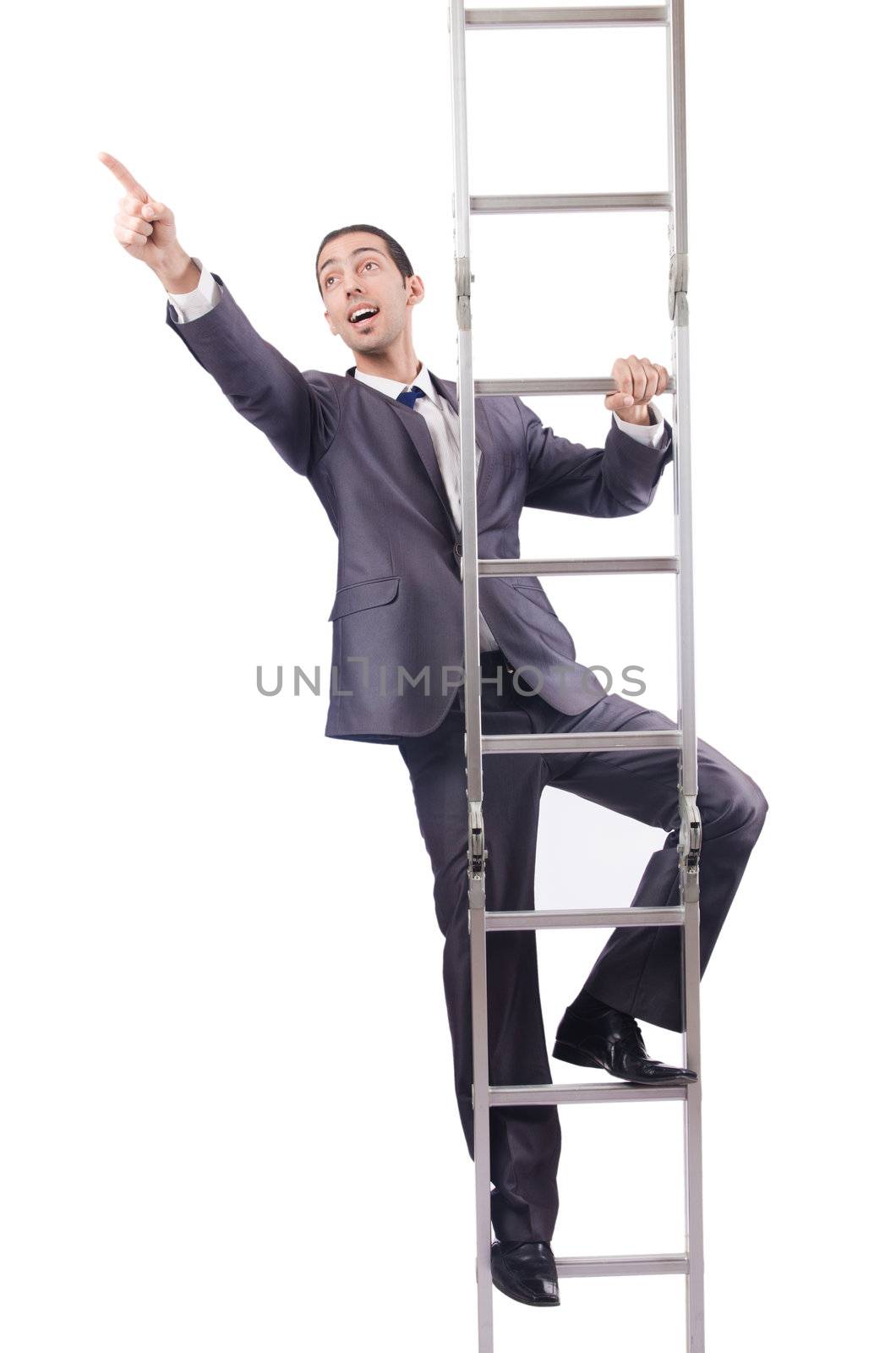 Businessman climbing the ladder isolated on white