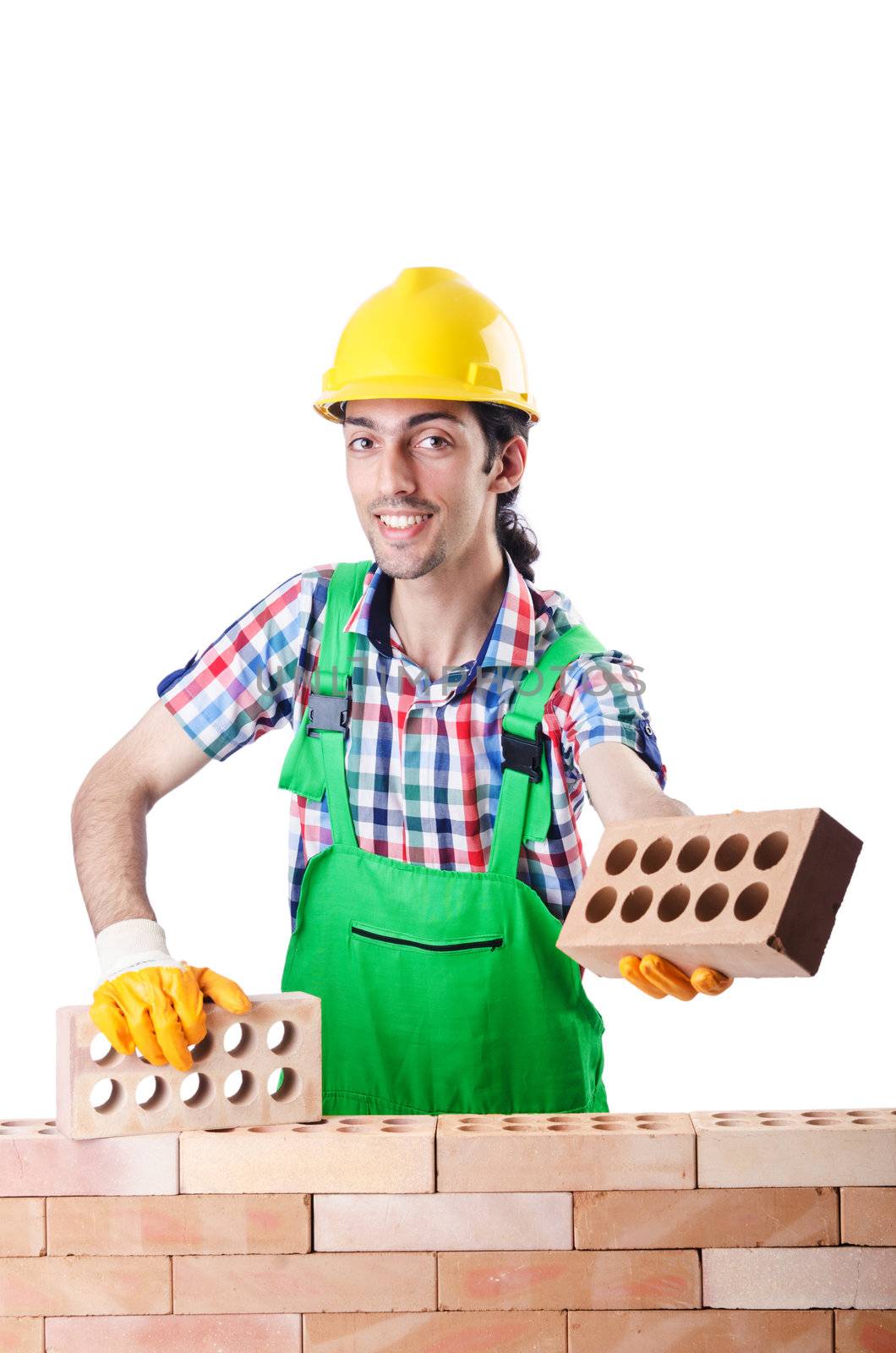 Builder with hard hat on white