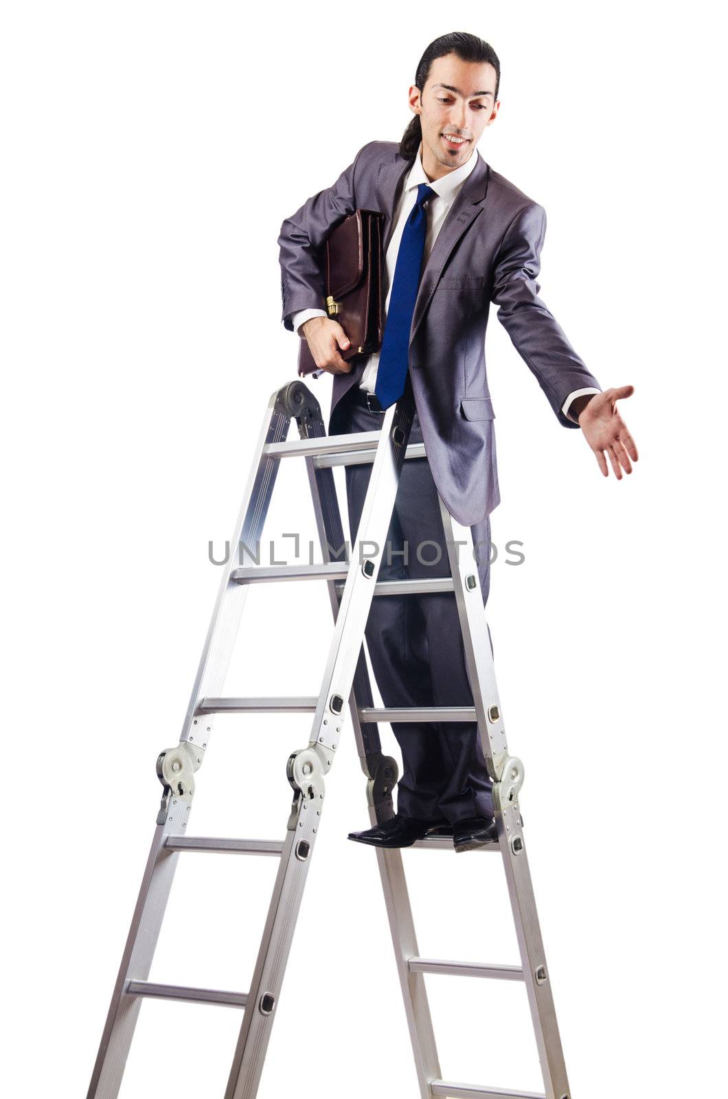 Businessman climbing career ladder on white by Elnur