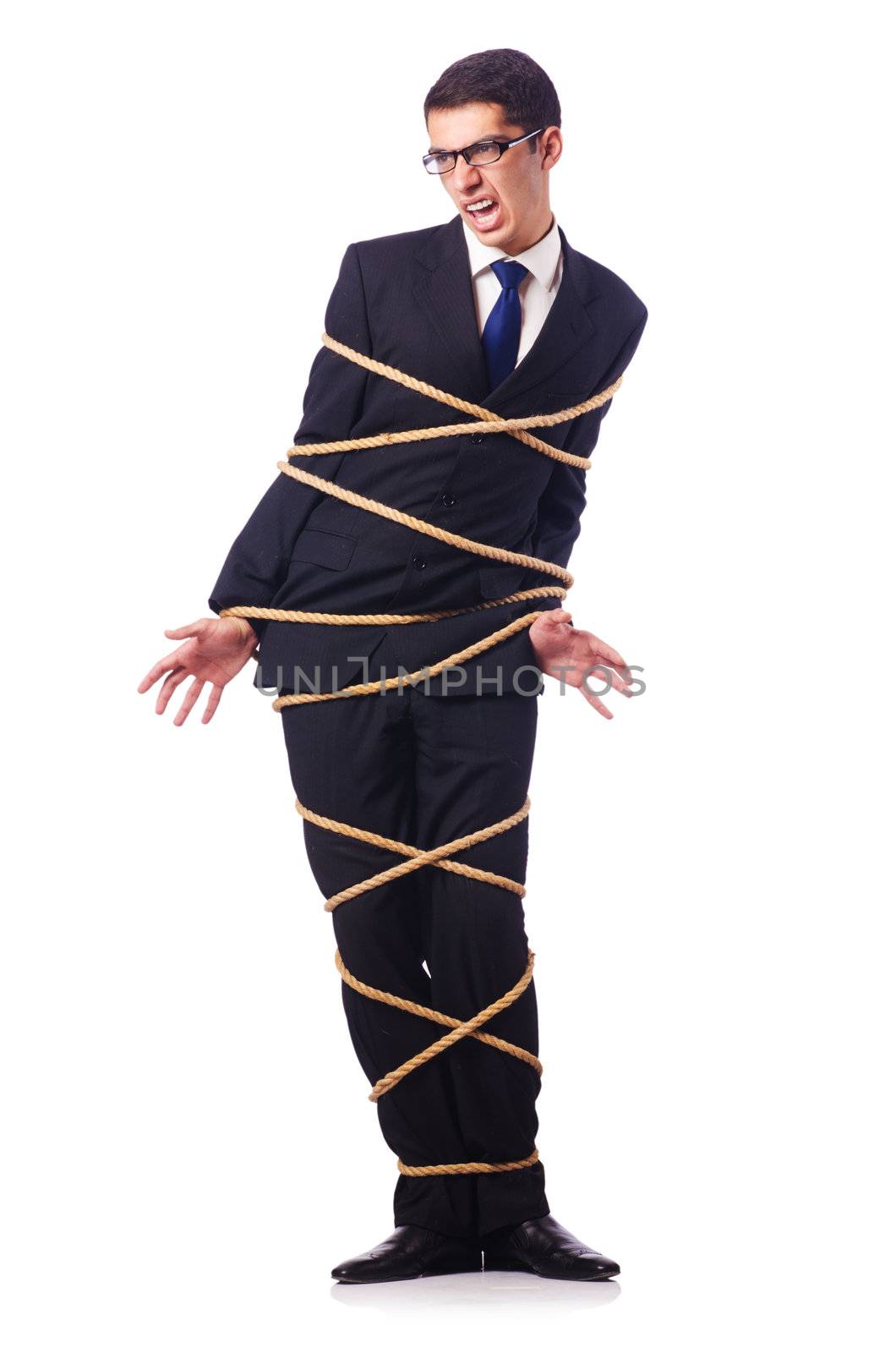 Businessman tied up with rope on white