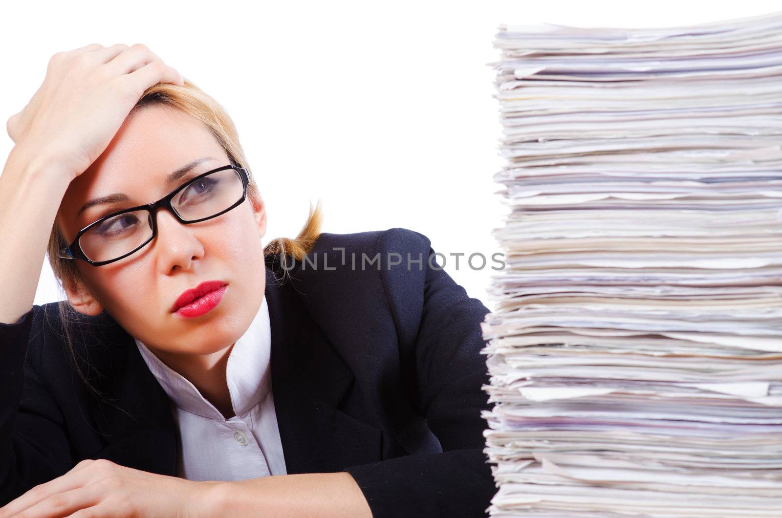 Woman businesswoman with lots of papers by Elnur