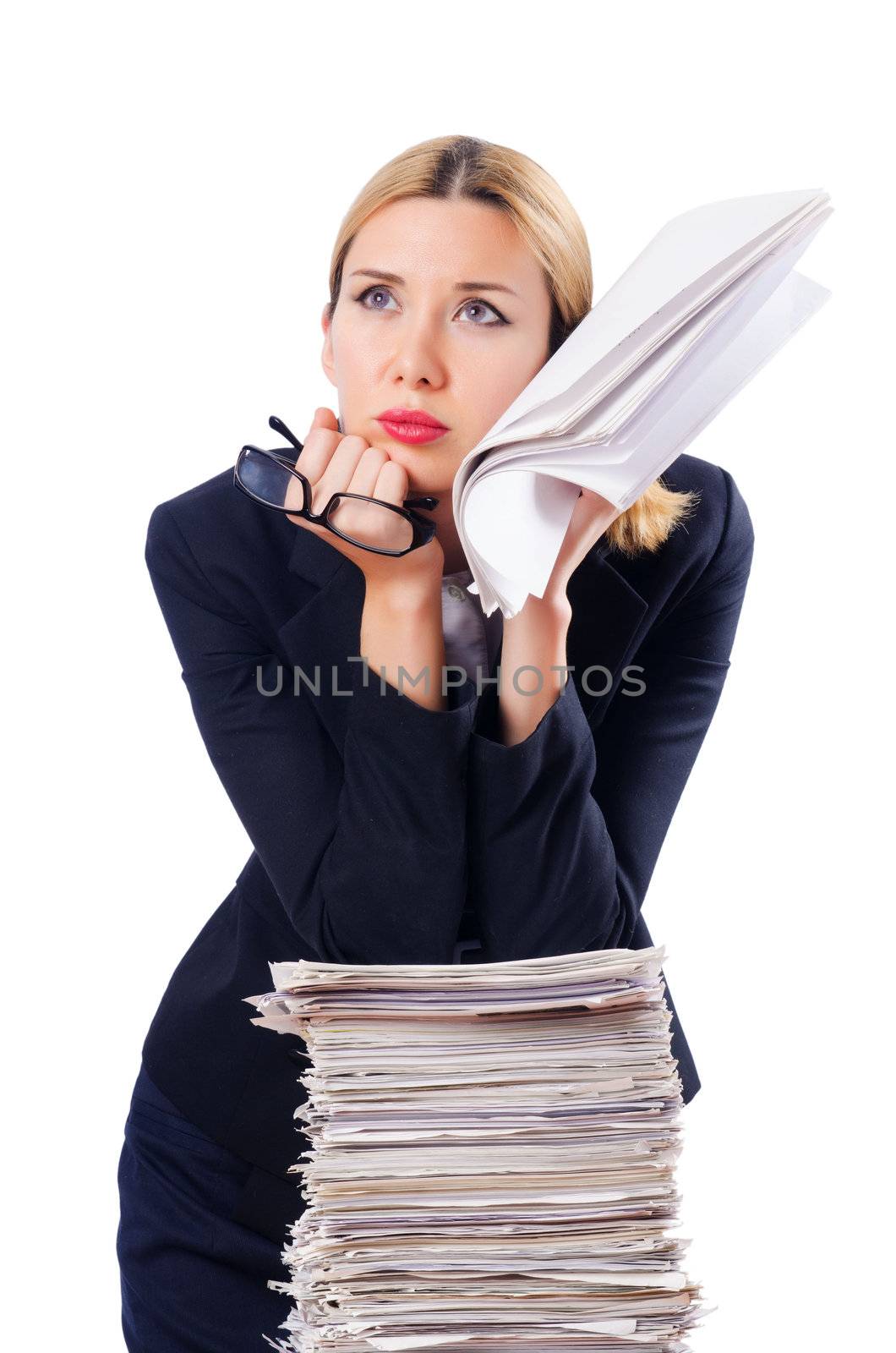 Woman businesswoman with lots of papers