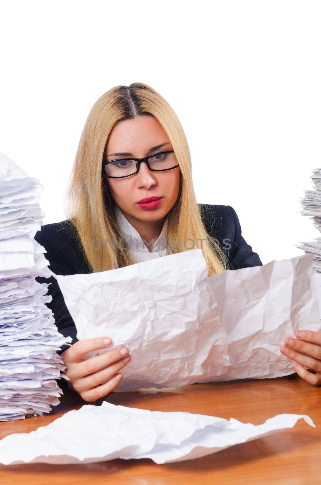 Woman businesswoman with lots of papers