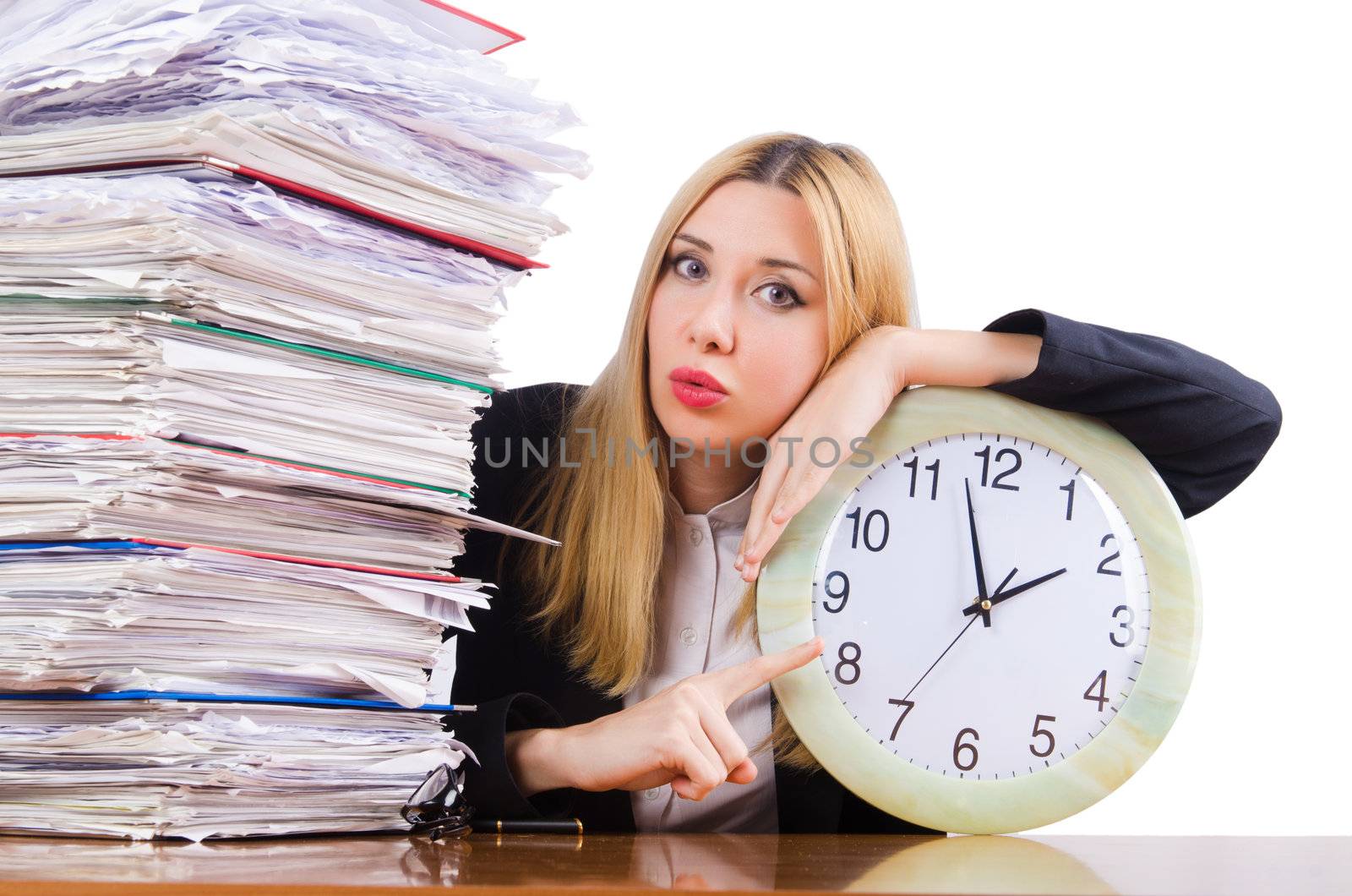 Busy woman with clock on white