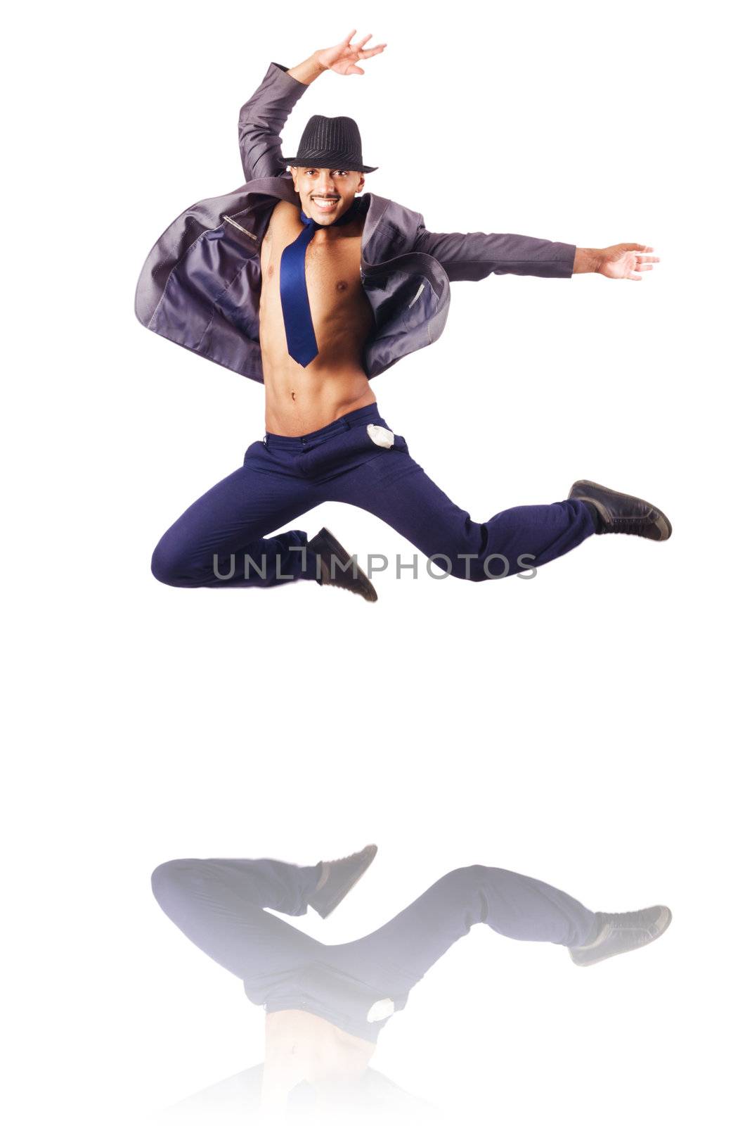 Muscular half naked businessman jumping on white by Elnur