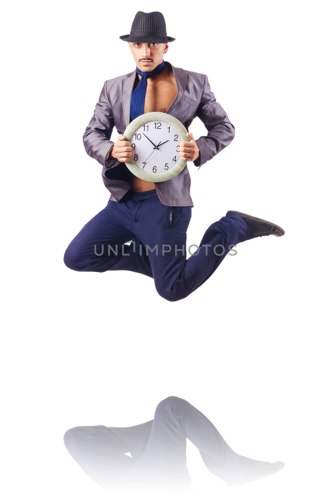 Muscular half naked businessman jumping on white