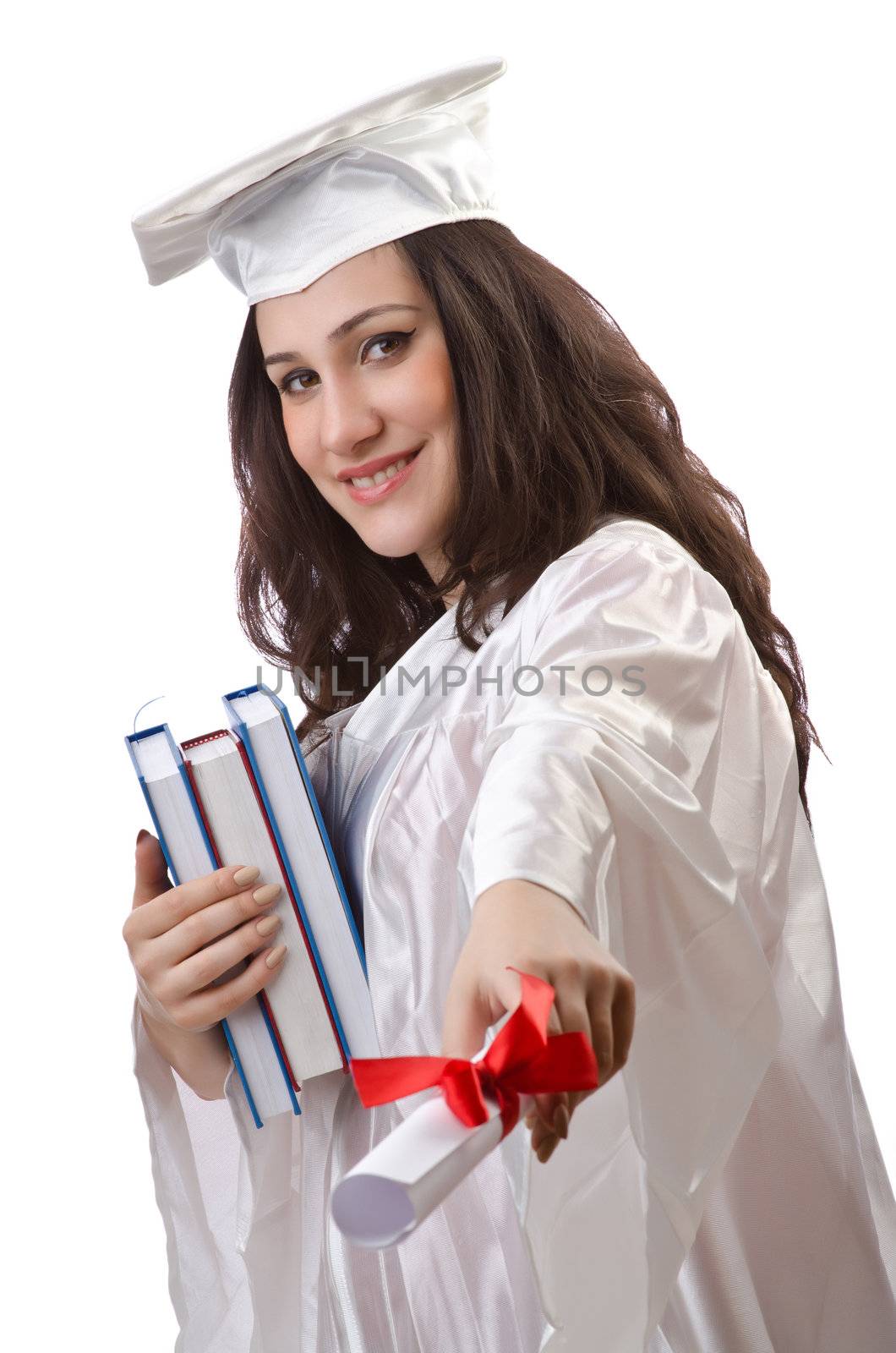 Happy graduate on white background by Elnur