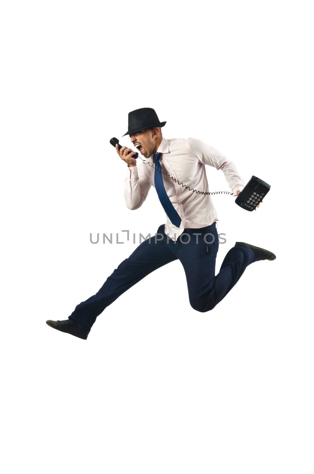 Jumping businessman in business concept on white by Elnur