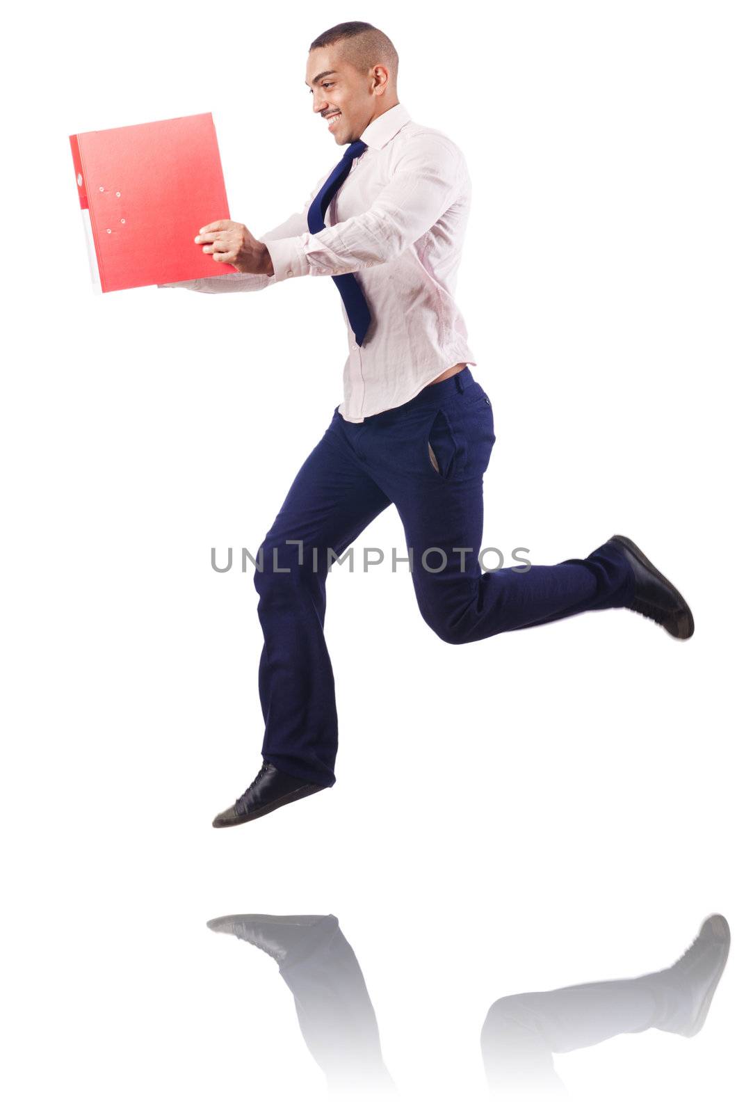 Muscular half naked businessman jumping on white by Elnur