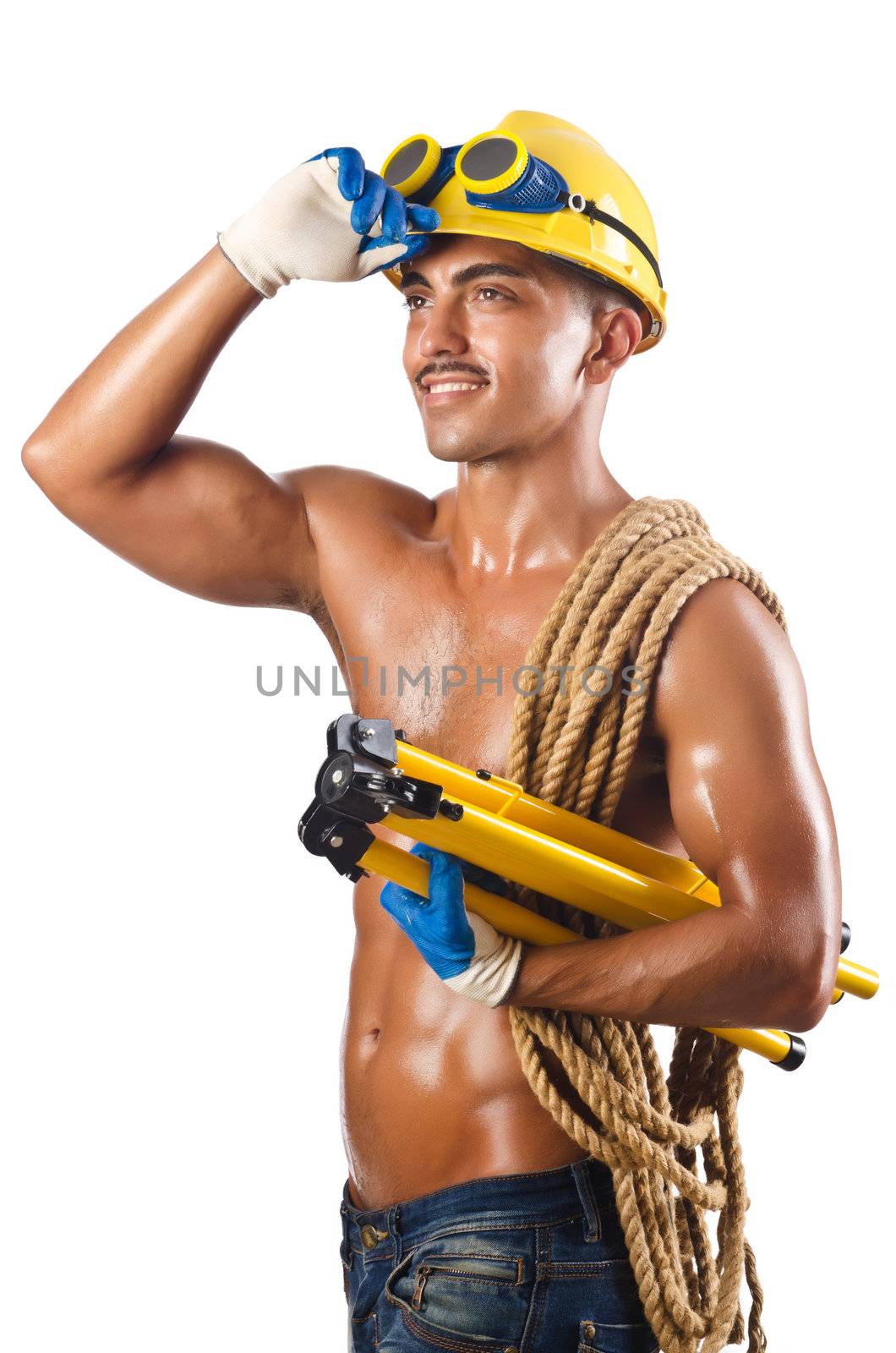 Naked construction worker on white