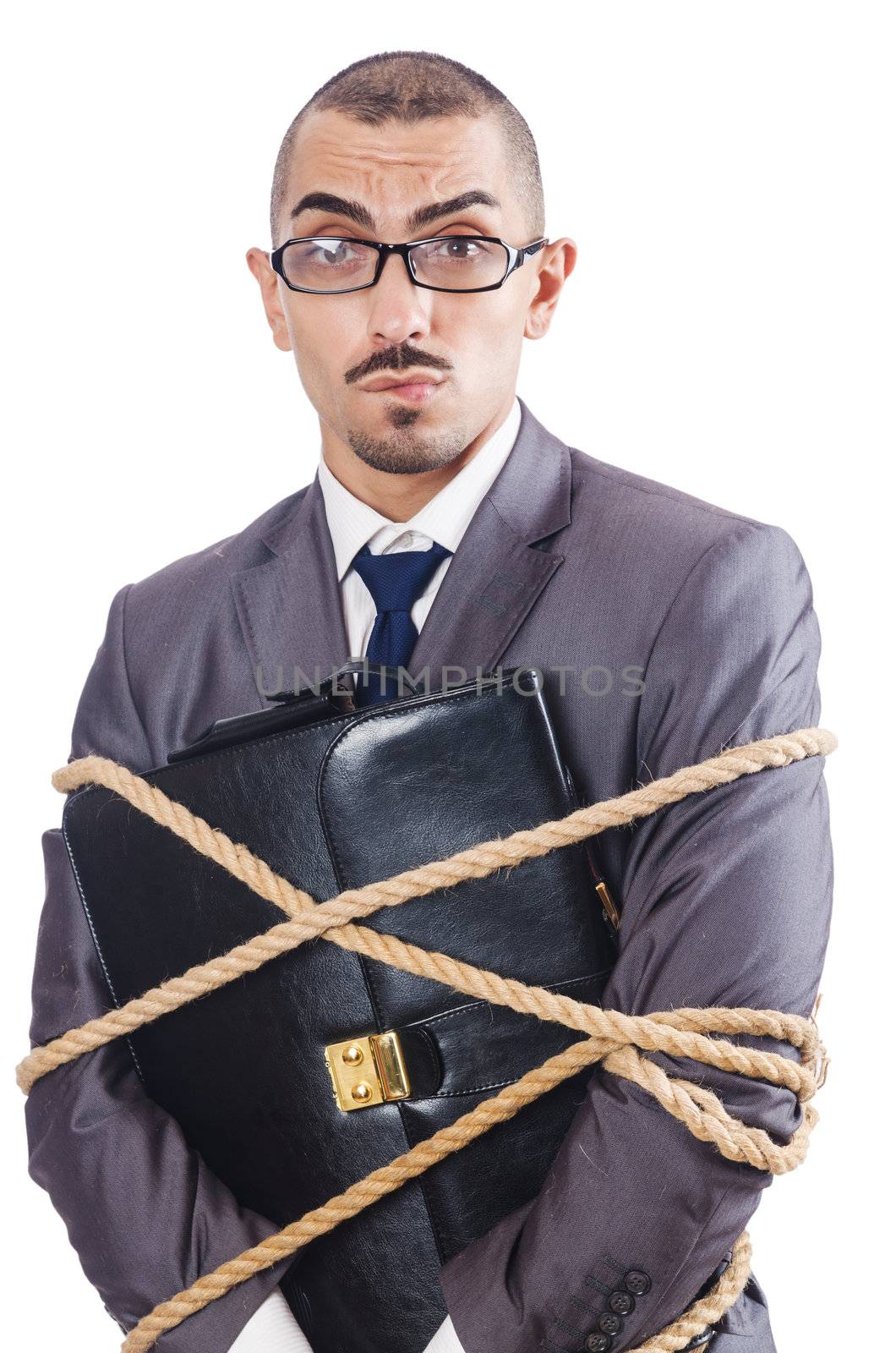 Businessman tied up with rope