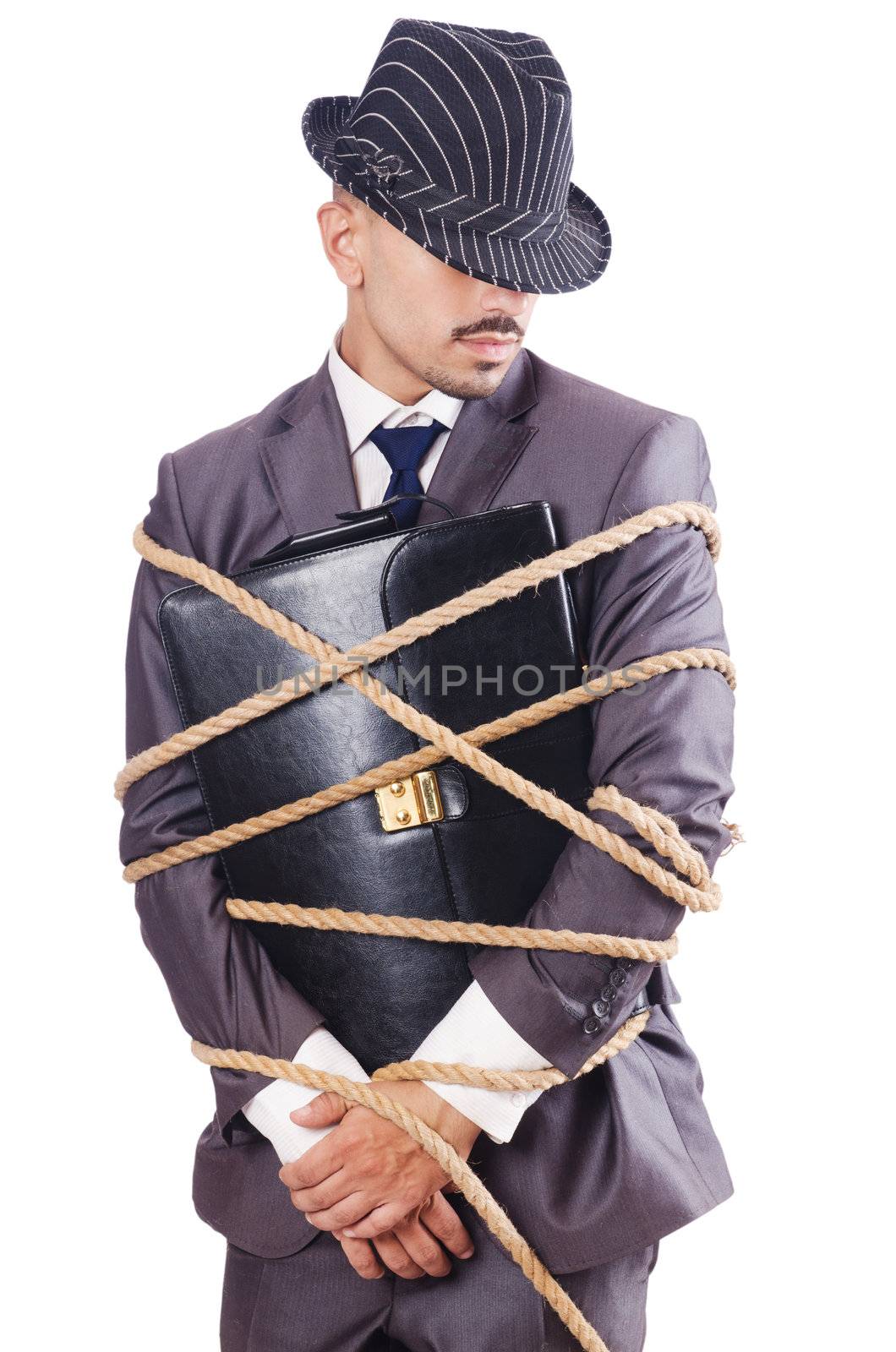 Man tied up with rope on white