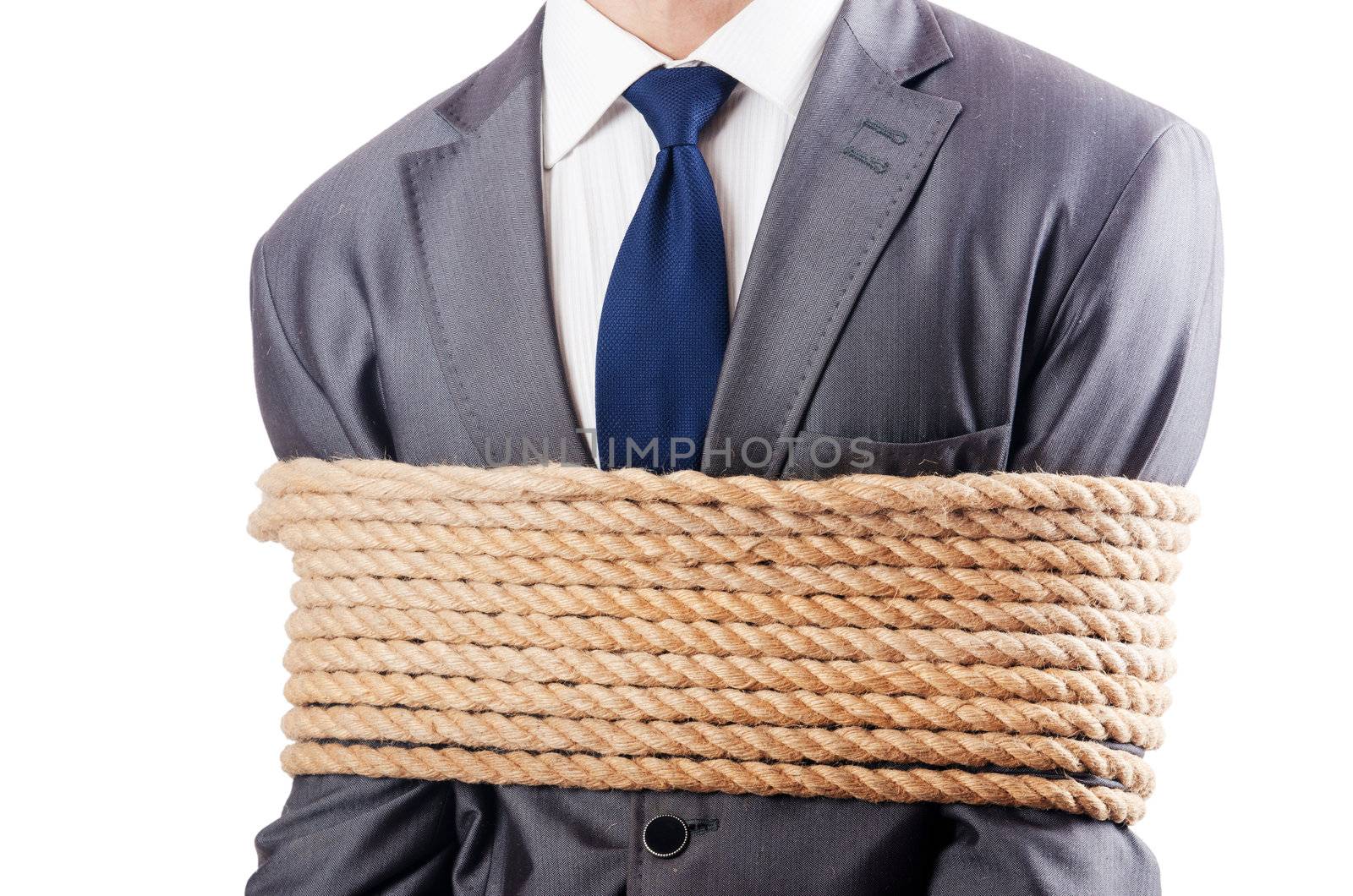 Man tied up with rope on white