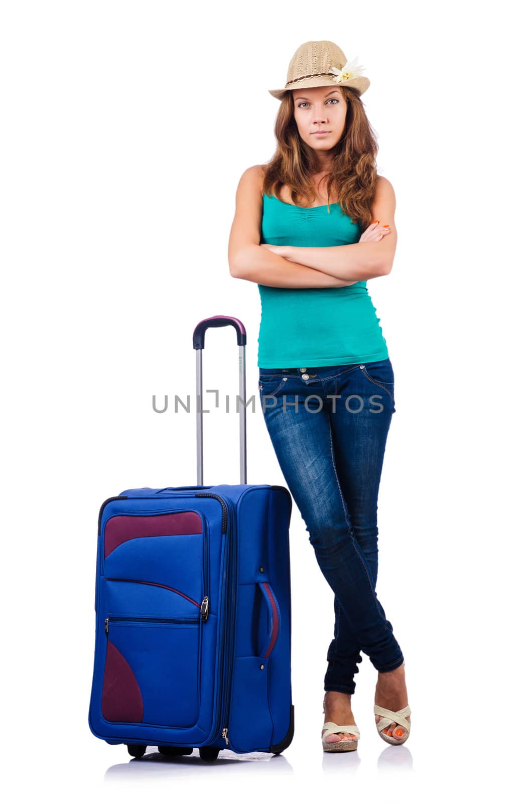 young girl with suitcase on white by Elnur