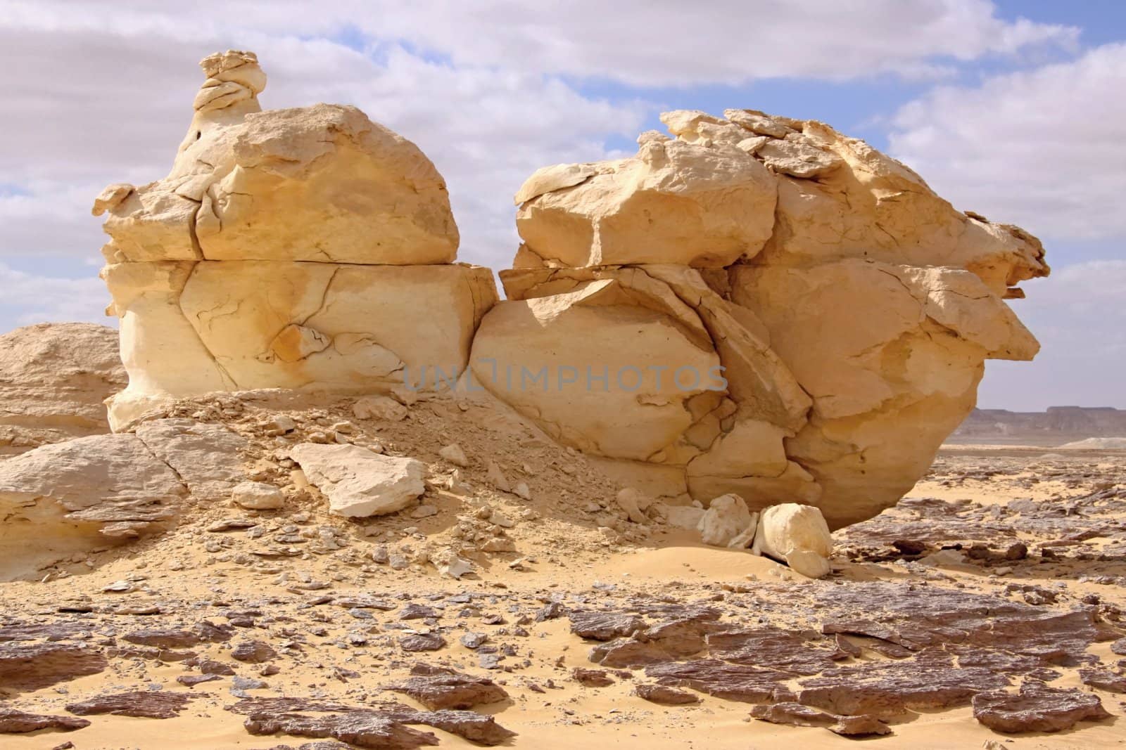 Wind ,sun and sand modeled limestones sculptures in white desert 
